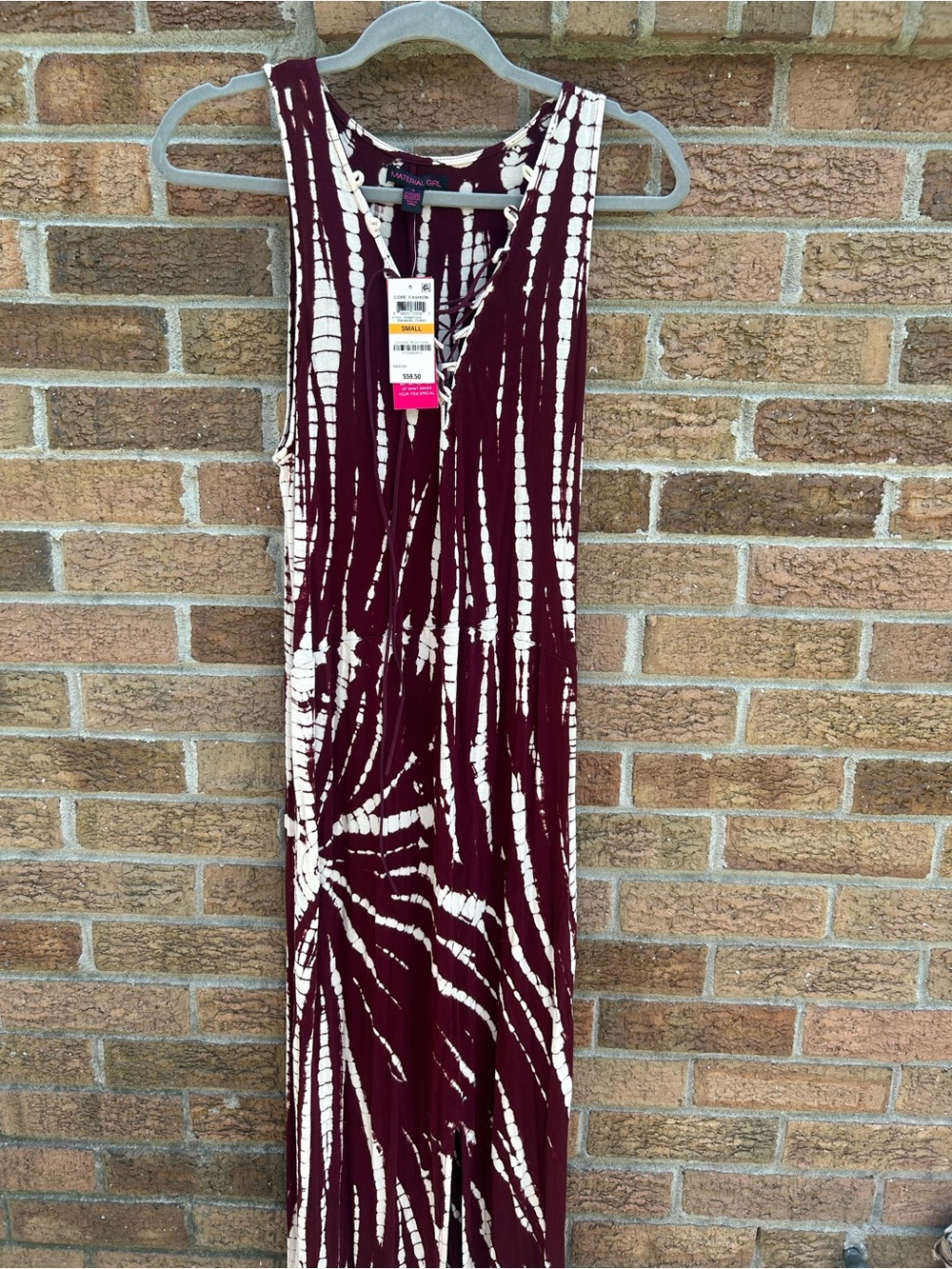 NWT Material Girl Maroon & White Tie-Dye Lace-Up Maxi Dress size small